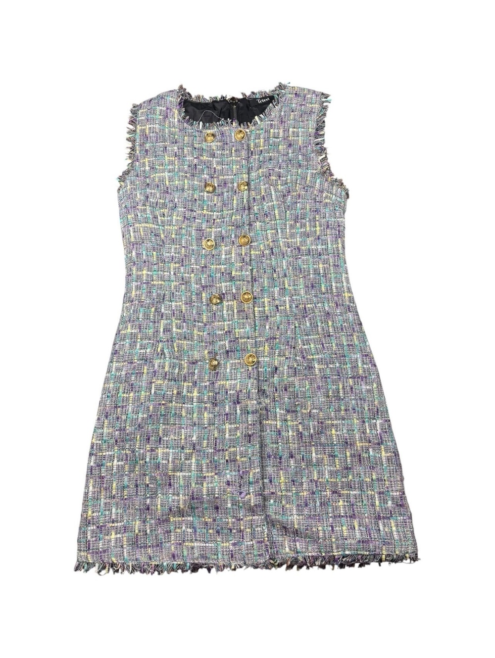 Trixxi Tweed Fringe Mini Dress Gold Button Bouclé